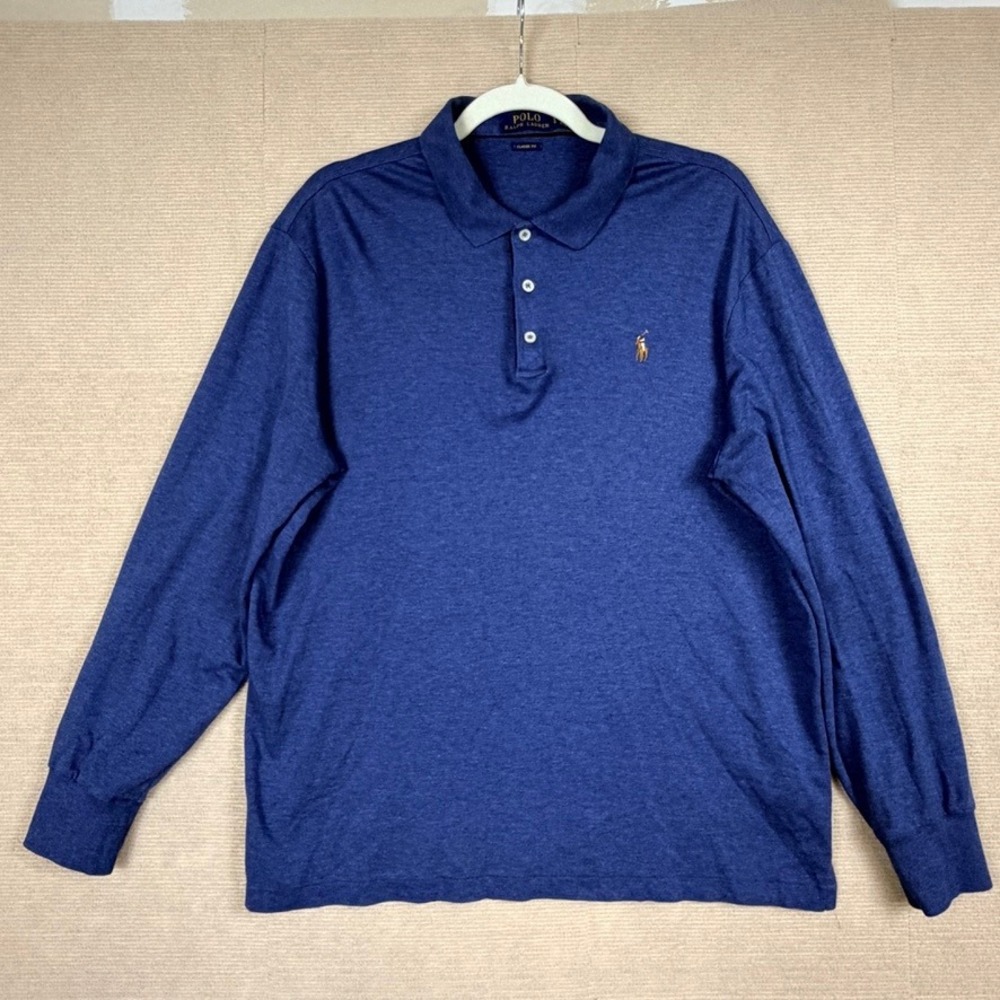 Polo Ralph Lauren Mens Blue Heather Long Sleeve Polo Shirt Classic Fit Large